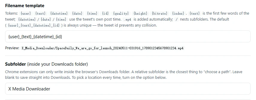 Filename template and subfolder settings with a live preview