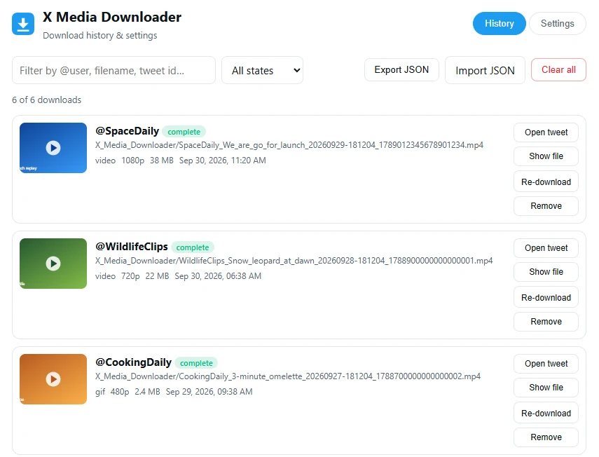 The download history page with search, filters and Export JSON